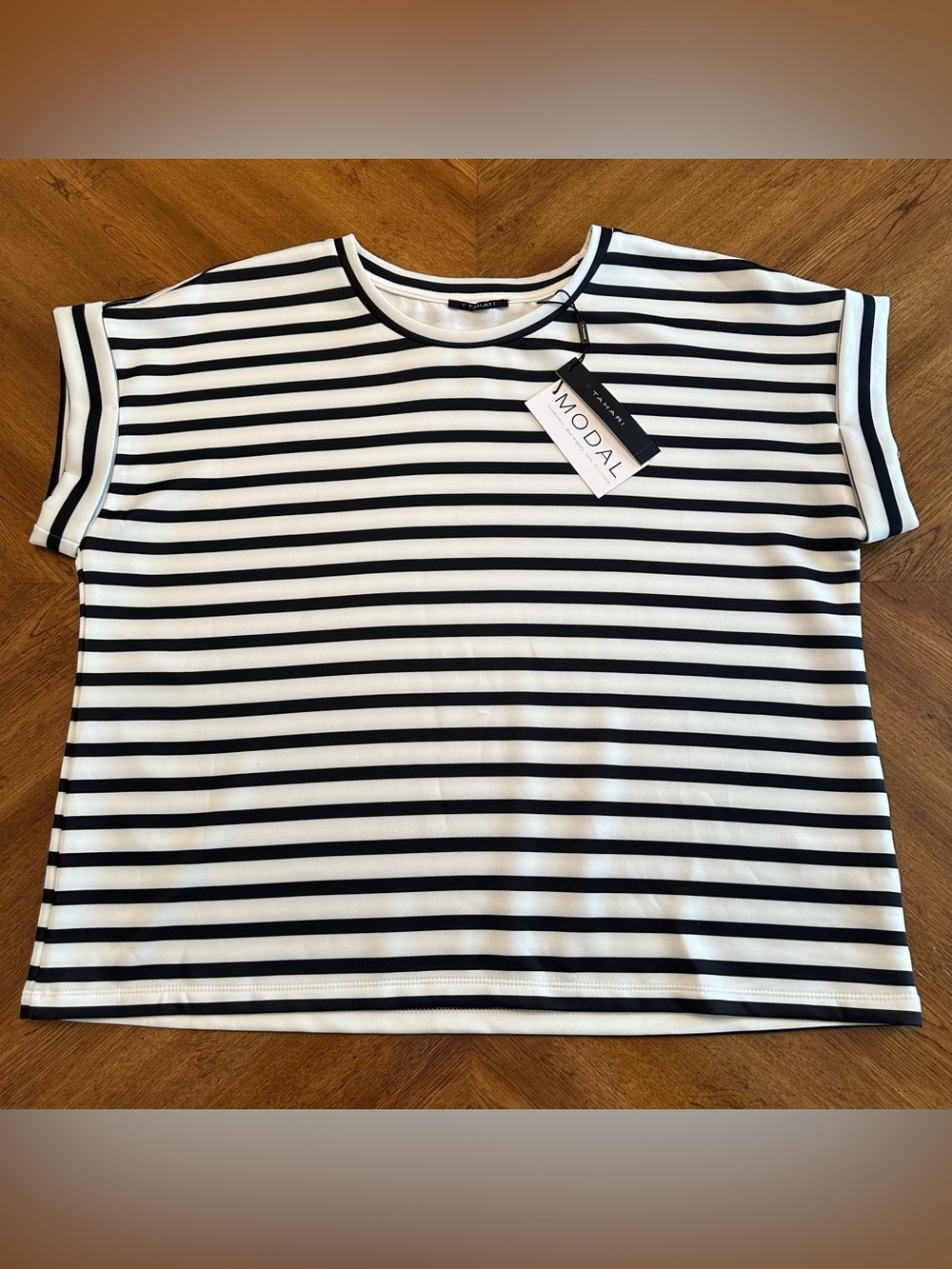 Tahari Black/White Stripe Short Sleeve Nautical Modal Tee Shirt, Size Large, New